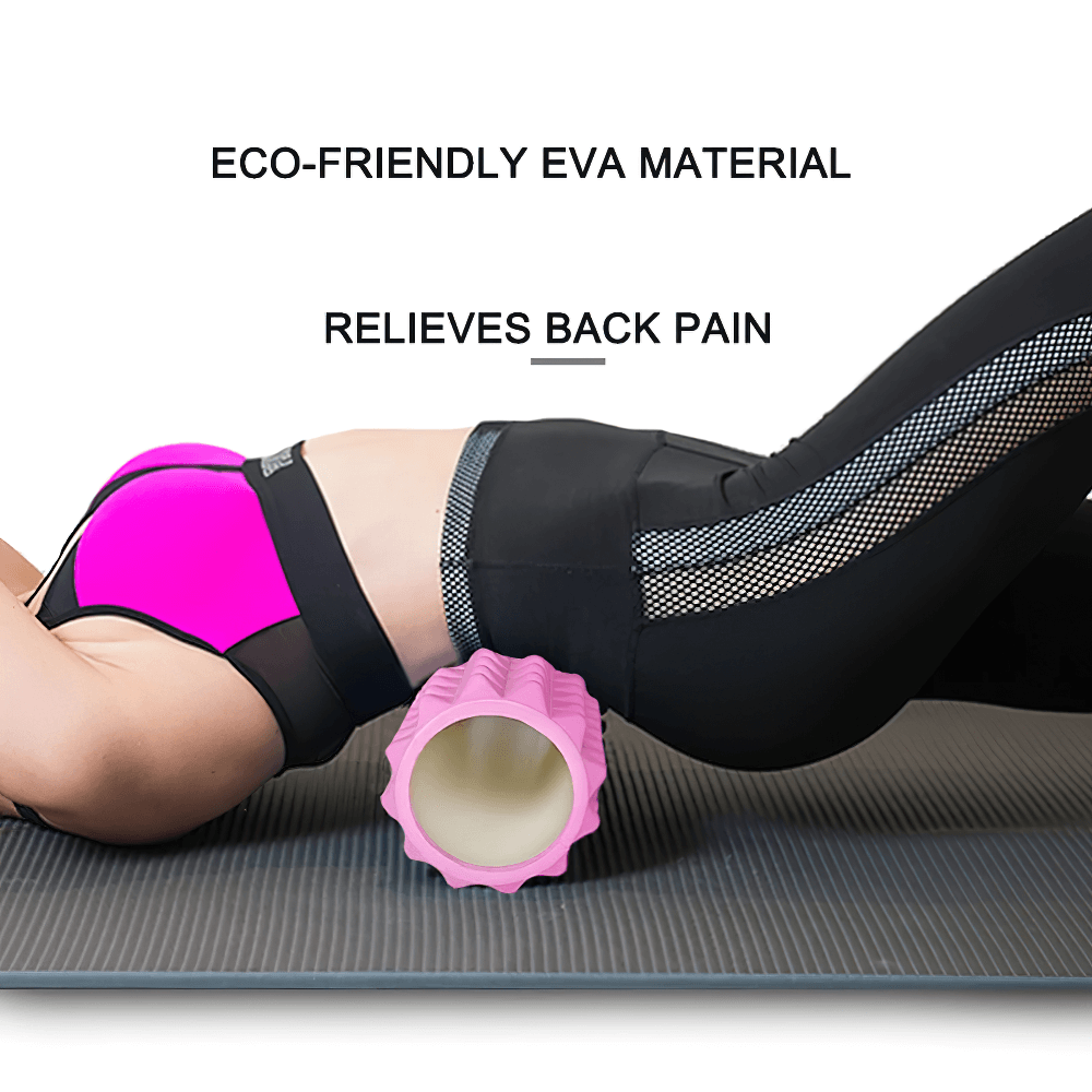 Woman using eco-friendly EVA foam roller for back pain relief on yoga mat